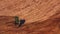 Red cabin tractor plowing the field with green plough, aerial view.