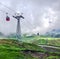 Red cable cabin down from Mannlichen with scenic view in direction to Grindelwald, Switzerland, Europe