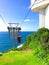 Red cable car at Rosh Hanikra grottoes, Mediterranean sea, Israel