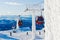 Red cable car in a ski resort in the Alps. Red gondola funicular in a ski resort, sweden, frosty sunny day