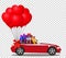 Red cabriolet car full of gifts and bunch of red heart balloons