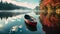 Red canoe on the lake in the autumn forest. Beautiful landscape. canoe on lake, AI Generated