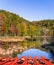 Red canoes moored on the lake