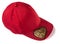 Red cap with golden sequin heart patch on white background