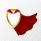 Red cape badge. Hero cloak, mantle carnival super clothes with blank shield. Success and leadership symbol, power vector