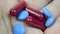 Red capsules and blue tablets in macro view