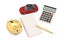 Red car with calculator and notebook and gold piggy bank.3D illustration.