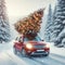 Red car carrying a Christmas tree on the roof in a snowy. ai generative