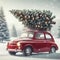 Red car carrying a Christmas tree on the roof in a snowy. ai generative