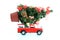 Red car carrying an ornate Christmas pine tree on white background