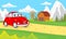 red car character travel illustration with countryside view