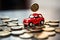 Red car with coins, auto tax and financing, car insurance and car loans, concept of savings money on car. Generative AI