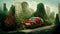 The red car is completely overgrown with grass and flowers. Long abandoned city and nature restoration. Ai generated art
