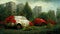 The red car is completely overgrown with grass and flowers. Long abandoned city and nature restoration. Ai generated art