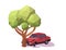 Red Car Crash With a Tree. Accident Concept. Low Poly Illustration