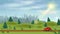 A red car drives through a green hilly field in the middle of a pine forest on a bright Sunny day.