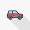 Red car, hatchback thin line flat color icon. Linear vector symbol. Colorful long shadow design.