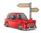 Red car and road pointer on white background. Isolated 3D illustration