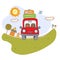 Red car with suitcases on the road. Summer holiday poster