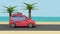Red car travel on road beach blue sky sea with coconut-palm trees cartoon style 3d render vacation travel summer concept