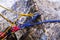 Red carabiner, climbing rope and equipment on the rock and stream