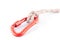 Red carabiner with a white rope