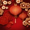 Red card with space for your own decoration content with Chinese lanterns and cherry blossoms. Chinese New Year celebrations