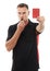 Red card, whistle and referee portrait with hand warning for soccer rules, penalty or fail in studio. Fitness coach man