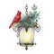 Red cardinal bird on a vintage style lantern winter decor. Winter festive cozy decoration. Watercolor painted