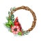 Red cardinal bird winter floral wreath. Watercolor illustration. Hand drawn cardinal bird on twisted vine wreath, pine