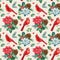 Red cardinal birds, Christmas seamless pattern, watercolor illustration. spruce branches, holly and poinsettia