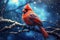 Red cardinal perched on branch in snow. Winter time. Generative AI