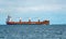 Red cargo ship sailing on the ocean