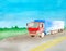 The red cargo tractor imports cargoes on an asphalt gray road with two continuous lanes. Watercolor. Copy space. Background