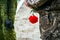 Red carnation flowers in the hand of men in camouflage uniform