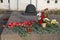 Red carnation flowers are laid on the gravestone of the Victory Memorial during the celebration of Victory Day