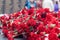 Red carnation flowers on a memorial marble board. Memorial to fallen soldiers in the world war II