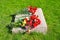 Red carnations at the memorial marble