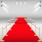 Red carpet and catwalk with rope barrier. White round pedestal with red track. Stage podium with lighting, scenario of the awards