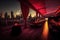 a red carpet event with a dramatic setting, such as a gala at an outdoor terrace overlooking the city skyline.