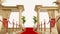Red carpet with gold barriers leading to a golden columns pillars, VIP concept