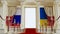 red carpet with gold barriers leading to a shiny door with ukraine and russia flag