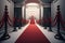 Red Carpet hallway with barriers and red ropes for Cinema. ai generative