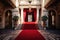 a red carpet leading to a grand building entrance