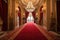 red carpet leading to grand entrance, with sparkling chandelier and gilded decor