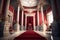 Red carpet leading to a king thrones inside of the palace castle. Generative ai