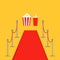 Red carpet and rope barrier golden stanchions turnstile Popcorn box soda. template Yellow background. Flat design