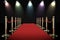 Red carpet and rope barrier with shining spotlights