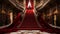 Red carpeted staircase leading to red curtained room. Generative AI
