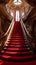 Red carpeted staircase leading up to large window. Generative AI